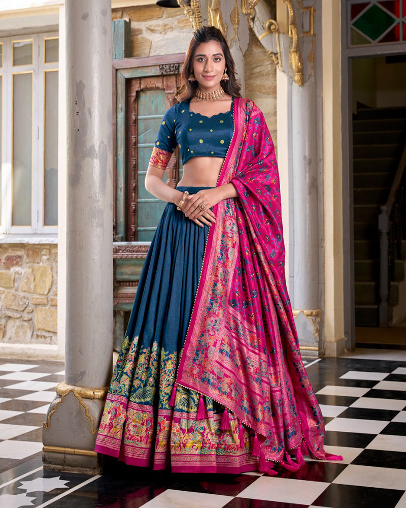 Royal Blue Color Tussar Silk Printed With Foil Work Lehenga Choli