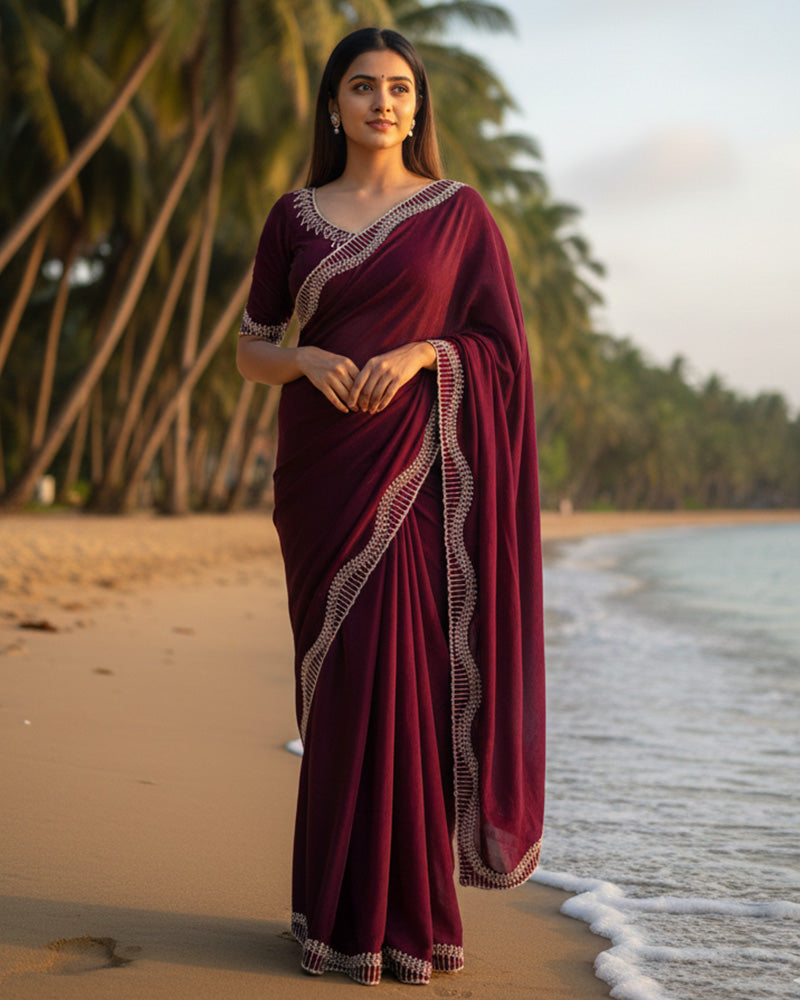 Maroon Color Space Silk Sequence Embroidered Saree