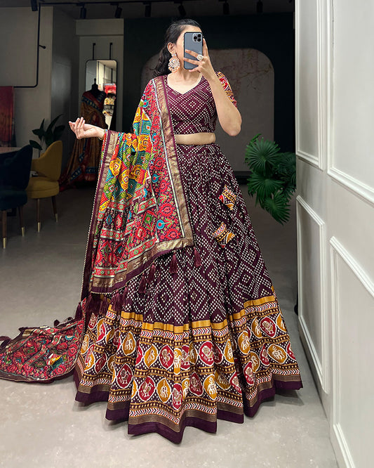Wine Color Tussar Silk Bandhej And Patola Printed Navratri Lehenga Choli