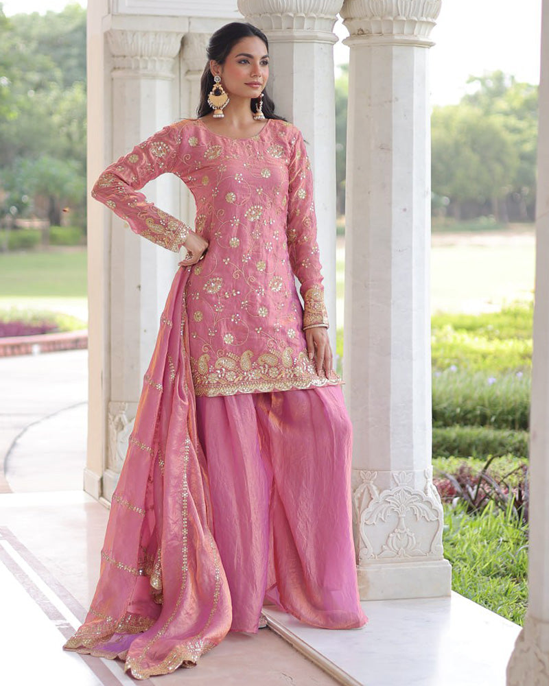 Baby Pink Color Fendi Silk Embroidered Sharara Suit