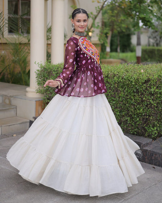 Wine Color Bandhani Printed With Kora Cotton Navratri Lehenga Set