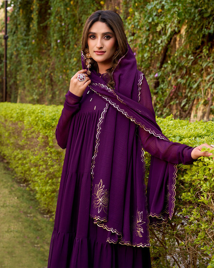 Dark Purple Color Marble Three Piece Anarkali Suit