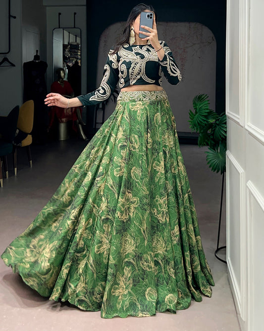 Firozi Green Color Tasar Silk Printed Embroidered Lehenga Choli