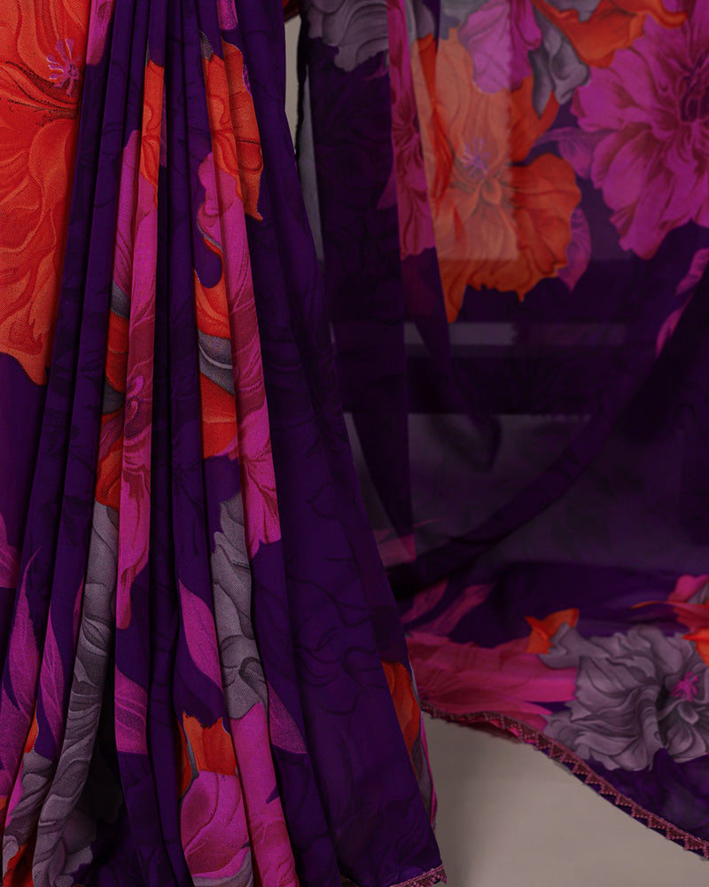 Purple Color Weightless Marble Floral Printed Saree