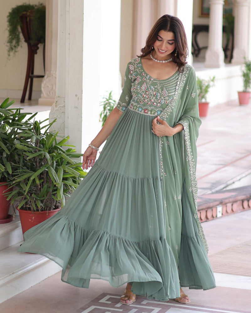 Pastel Green Color Faux Blooming Embroidered Gown