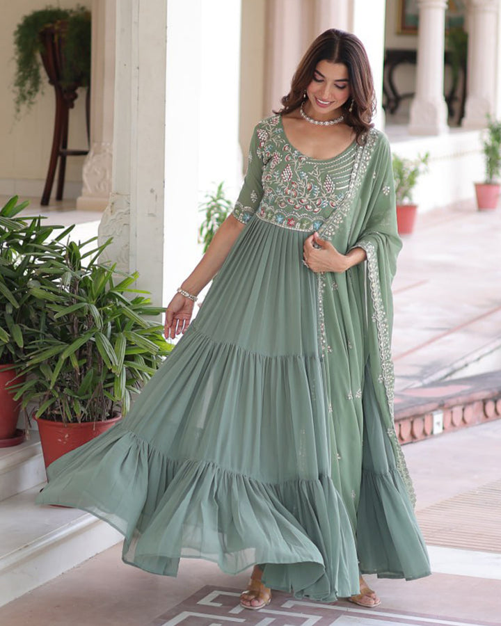 Pastel Green Color Faux Blooming Embroidered Gown