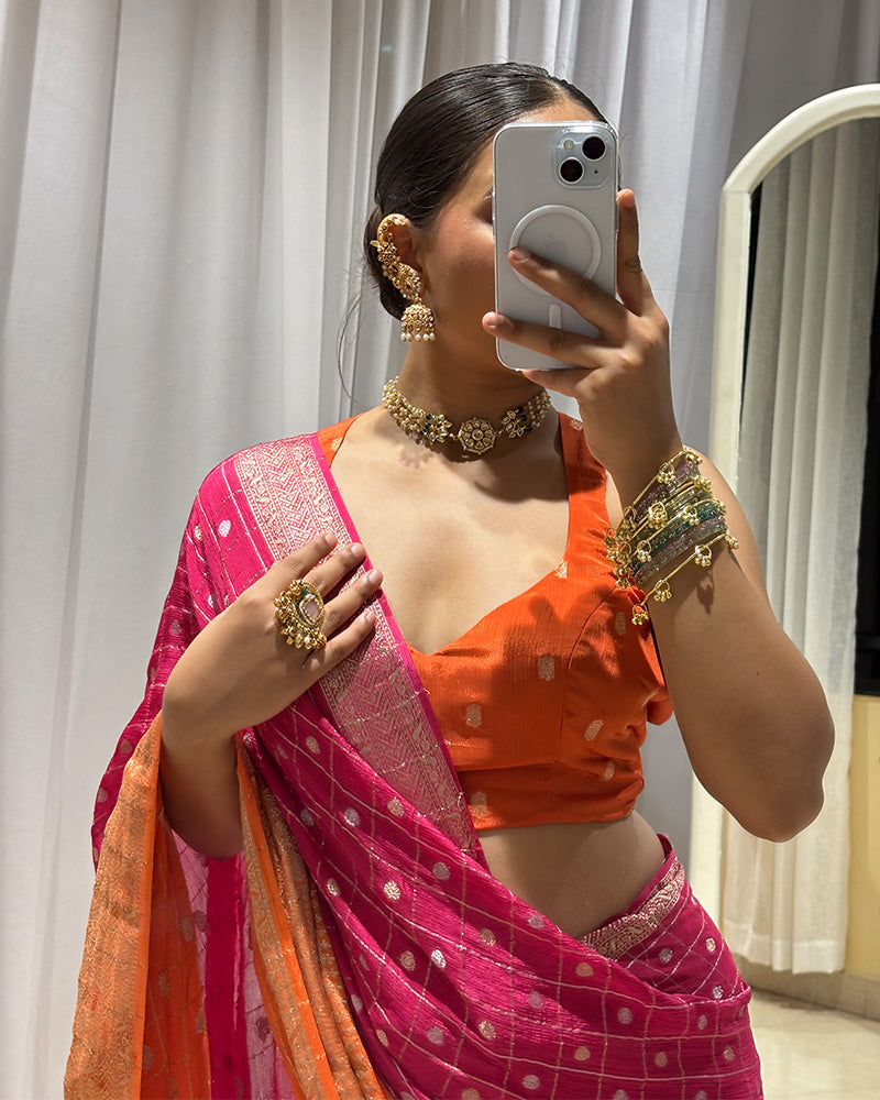 Orange Pink Color Chinon Dyeing Saree
