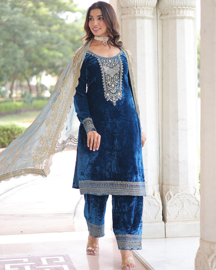 Morpich Color Velvet Three Piece Kurti Suit