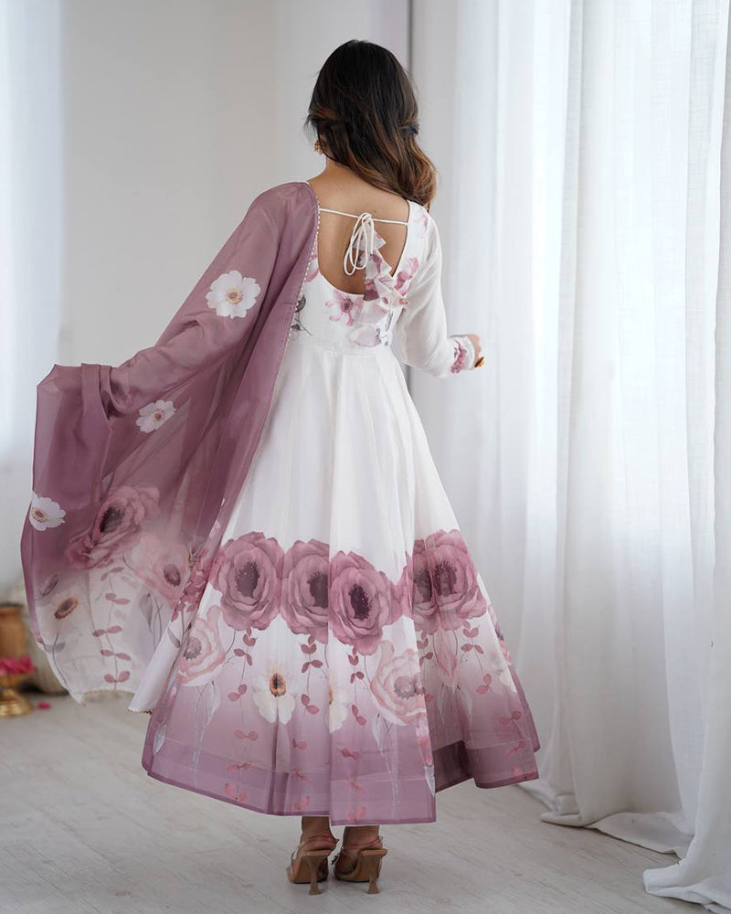 Onion Pink Color Floral Pure Soft Tebby Organza Three Piece Anarkali Suit
