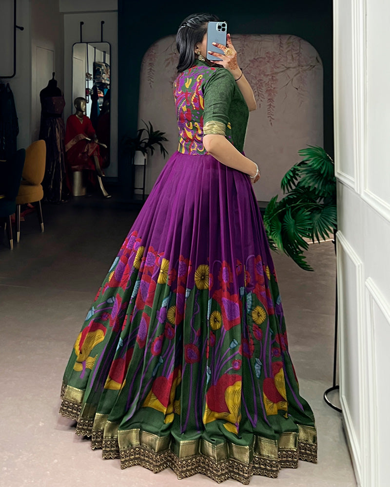 Purple Color Viscose Chanderi Floral Printed Gown