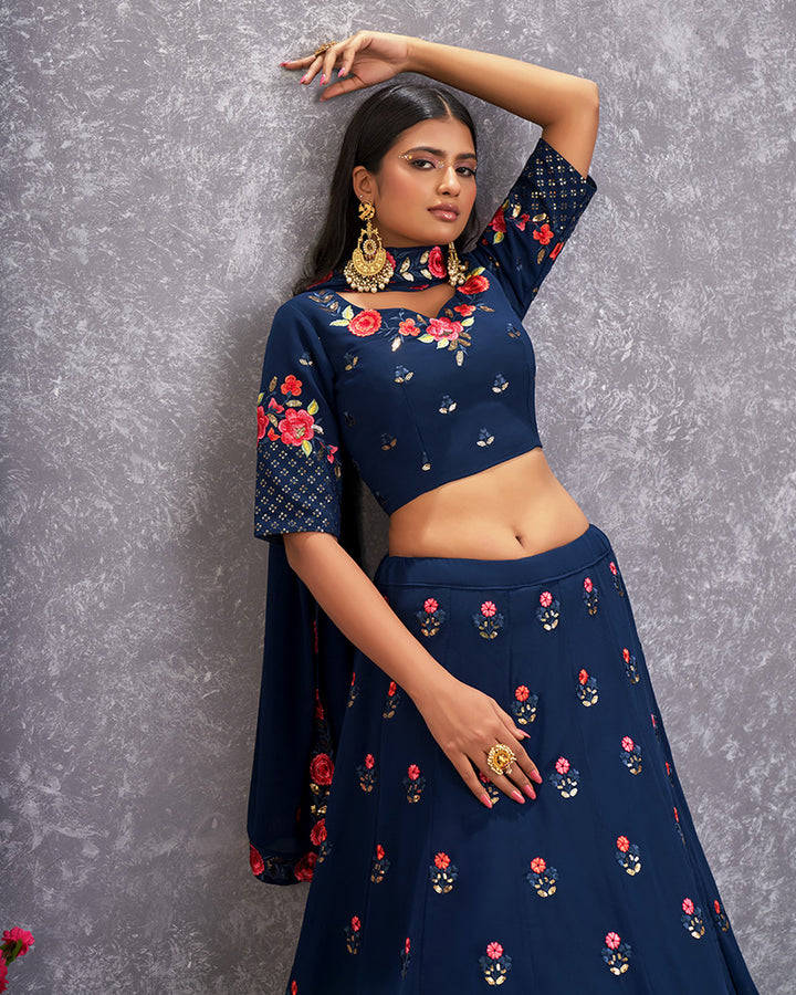 Teel Blue Color Embroidered Georgette Semi Stitched Lehenga Choli