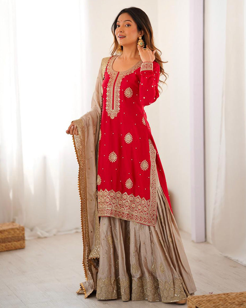 Red Color Chinon Silk Embroidered Sharara Suit