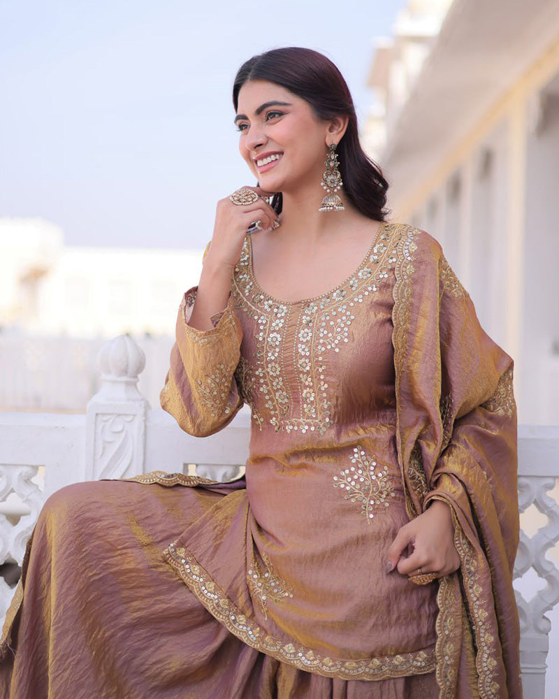 Chikoo Color Fendi Crush Embroidered Plazzo Suit