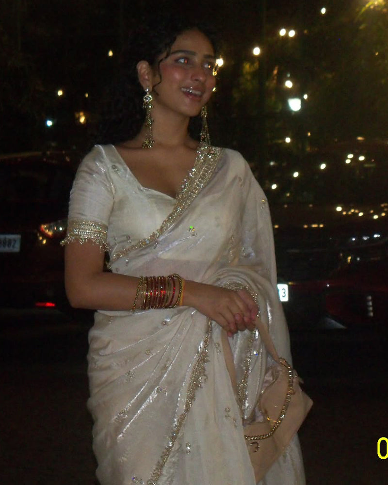 White Color Space Satin Embroidered Saree