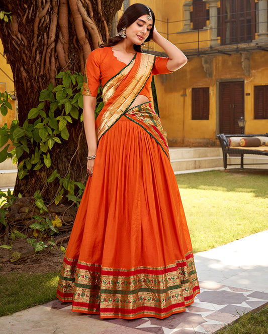 Orange Color Pure Nylon Chanderi Plain Half Saree