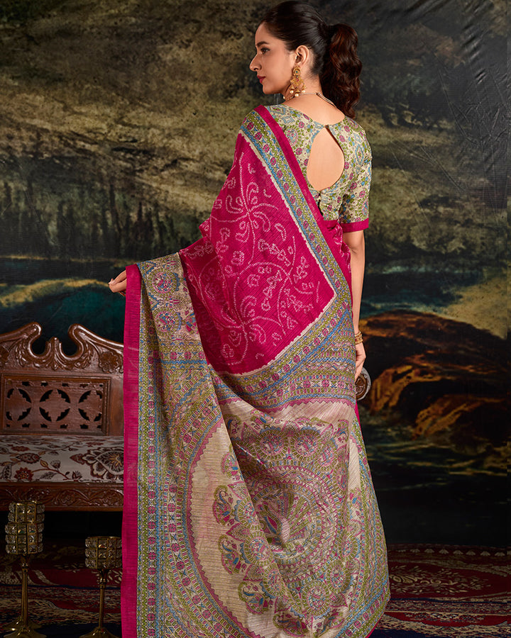 Pink Color Green Silk Fusion Printed Saree
