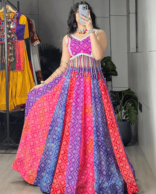 Multi Color Faux Georgette Foil Printed Navratri Lehenga Set