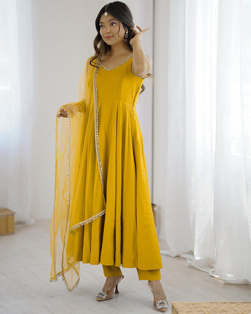 Yellow Color Chanderi Pure Roman Silk Anarkali Suit