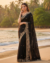 Maroon Color Space Silk Beads Embroidered Saree