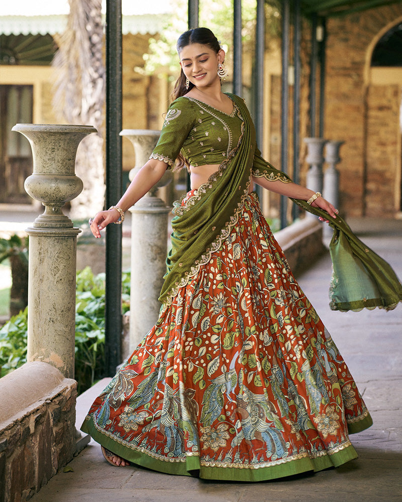 Royal Green Color Tussar Silk Kalamkari Printed Lehenga Choli