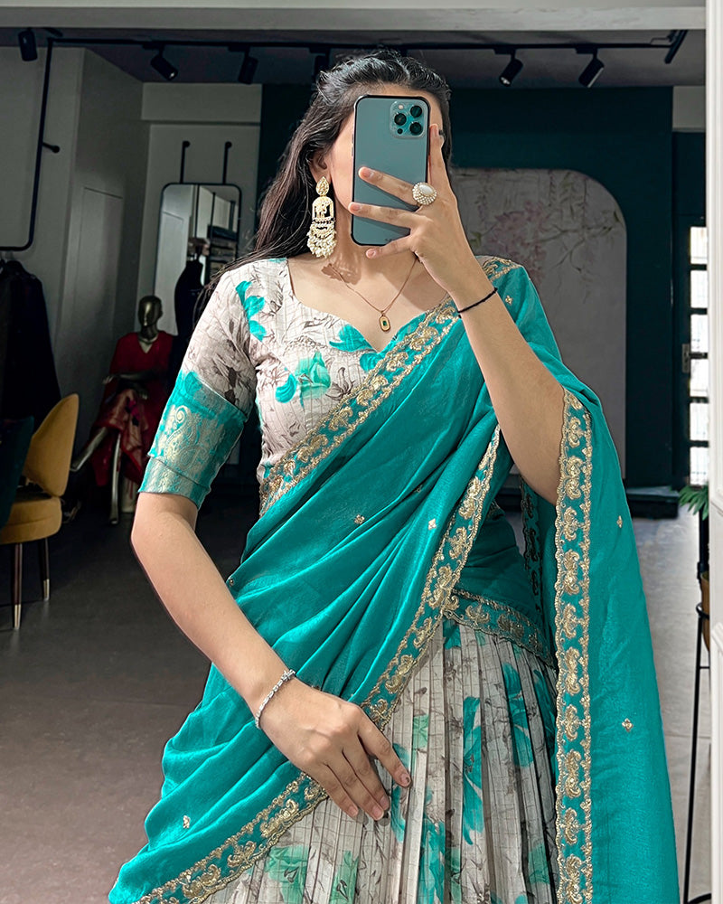 Teal Green Color Dola Chex Floral Printed Half Saree