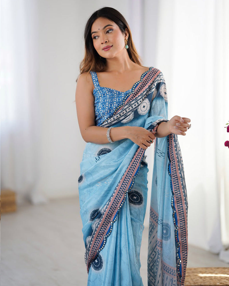 Sky Blue Color Chinnon Silk Mirror Work Saree