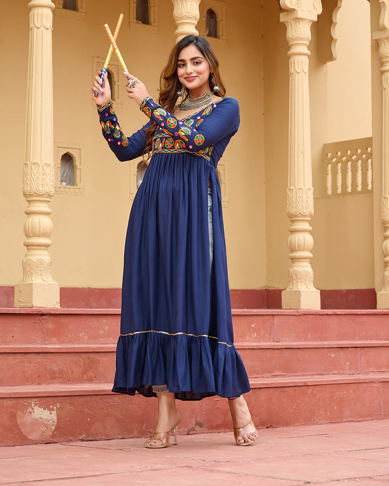 Traditional Blue Pure Rayon Embroidered Navratri Kurti