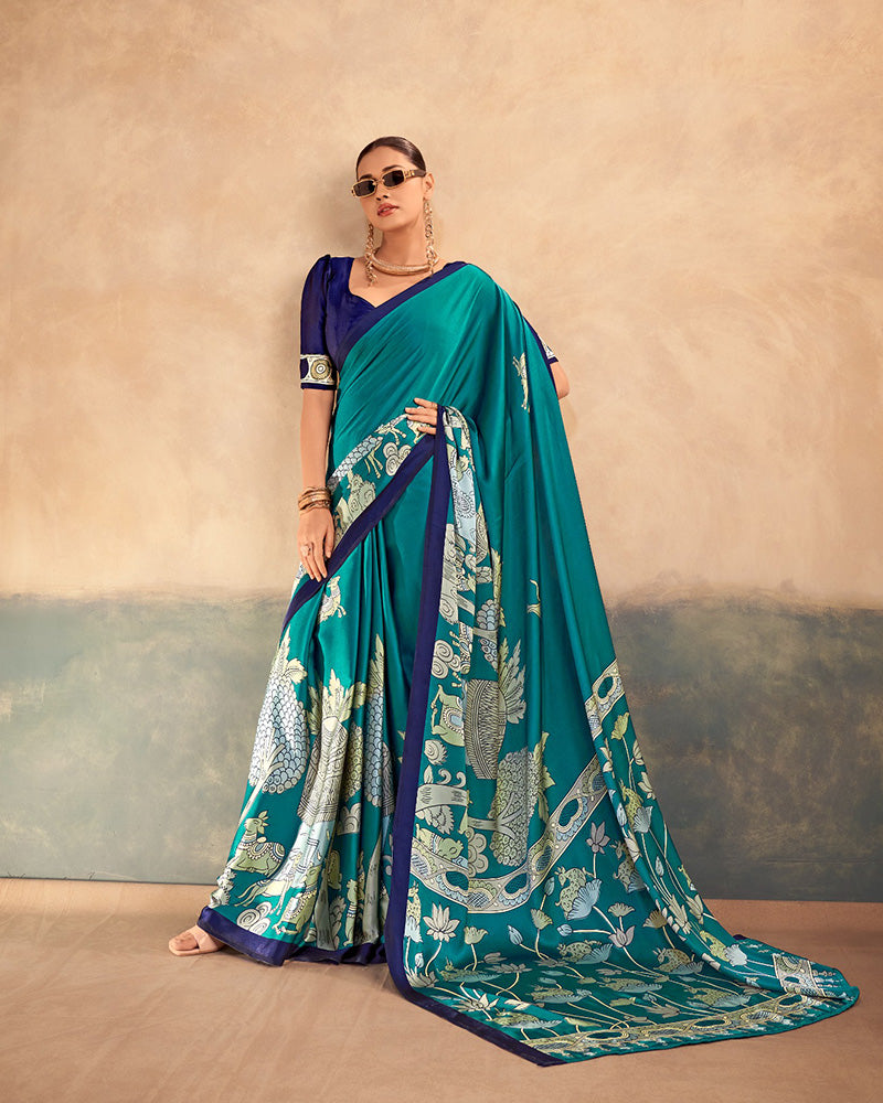 Firozi Color Satin Silk Kalamkari Printed Saree