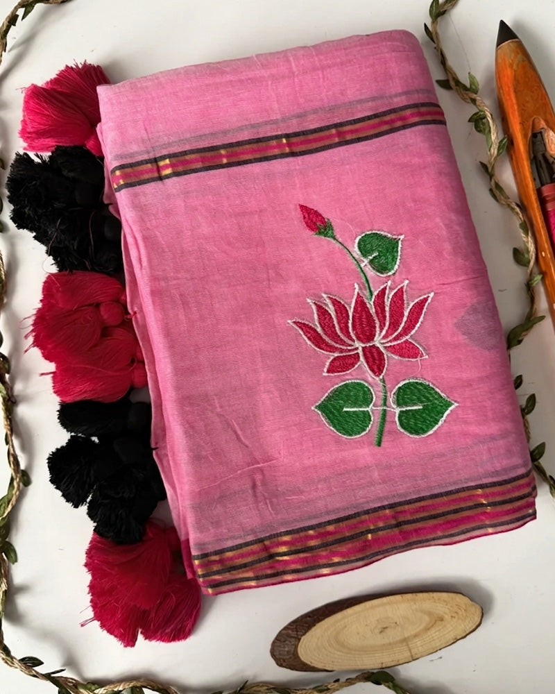 Pink Color Pure Mal Cotton Lotus Work Saree
