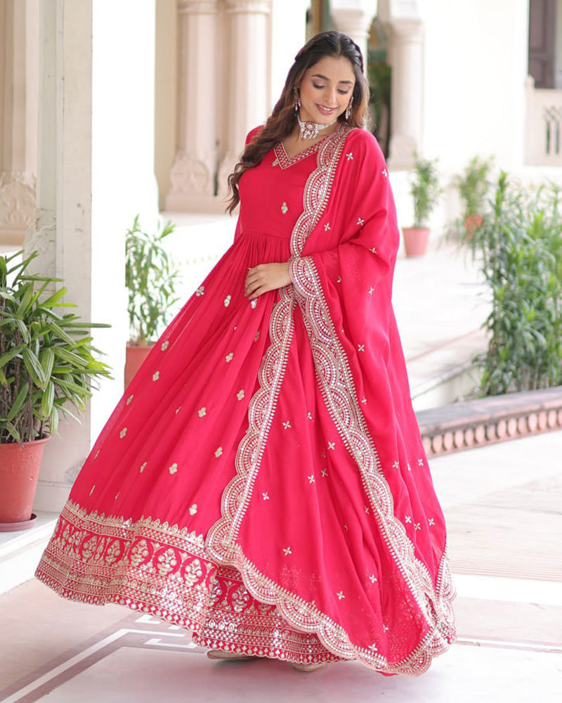 Bright Pink Vichitra Silk Sequence Embroidered Gown