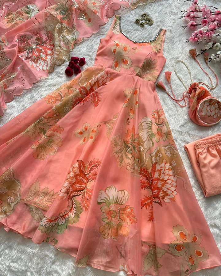Peach Color Digital Printed Soft Organza Anarkali Suit