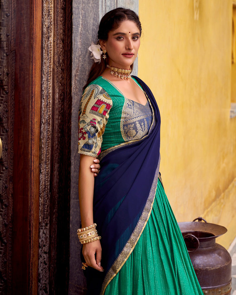 Bottle Green Color Poly Chanderi Printed Half Saree