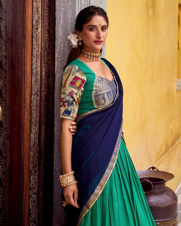 Bottle Green Color Poly Chanderi Printed Half Saree