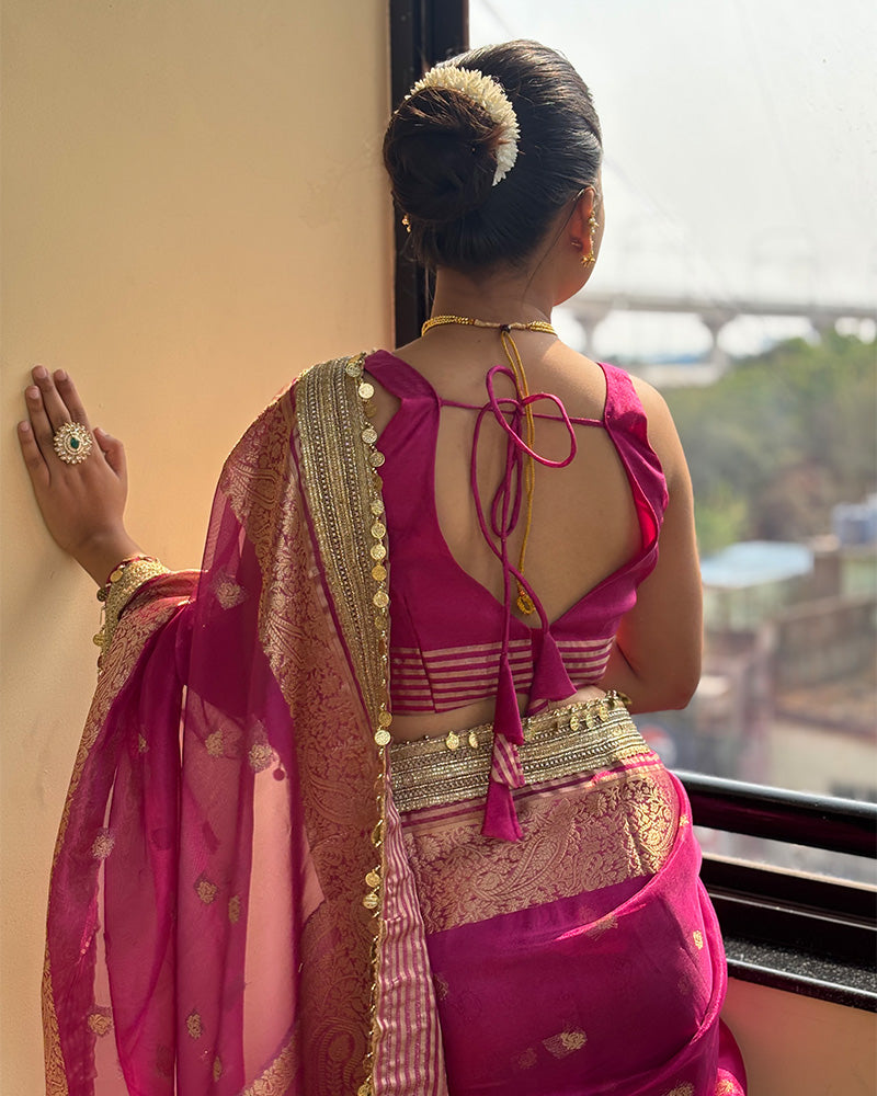 Rani Pink Color Banarasi Organza Tissue Silk Saree