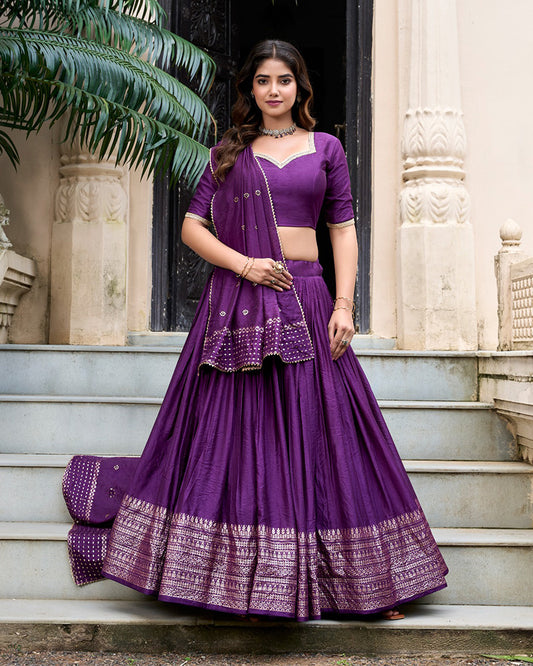 Dark Purple Color Pure Chanderi Plain Navratri Half Saree