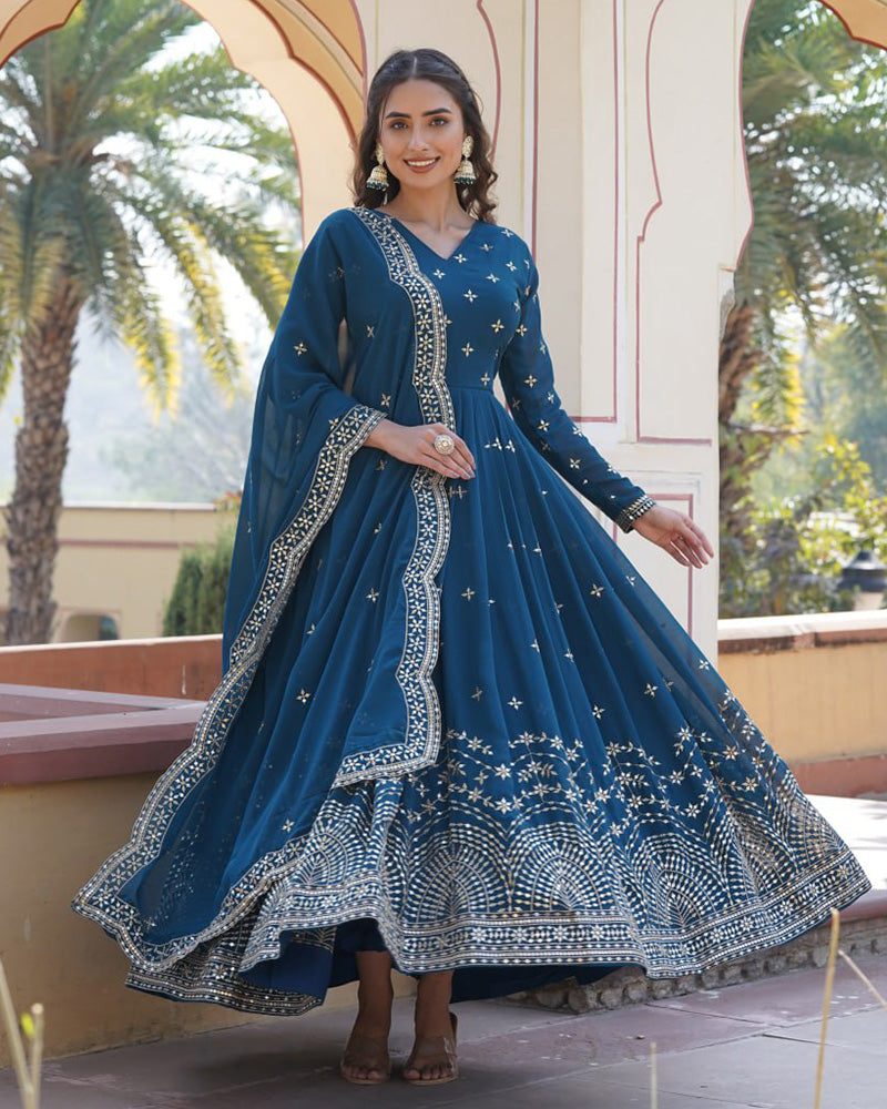 Rama Color Full Flair Anarkali Gown With Embroidered Dupatta