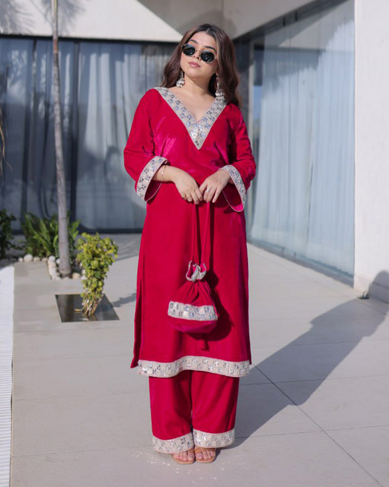 Rani Pink Color Ice Velvet Embroidered Plazzo Suit