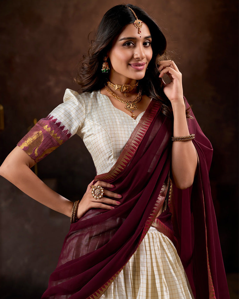 White And Maroon Color Poly Cotton Chex Onam Half Saree
