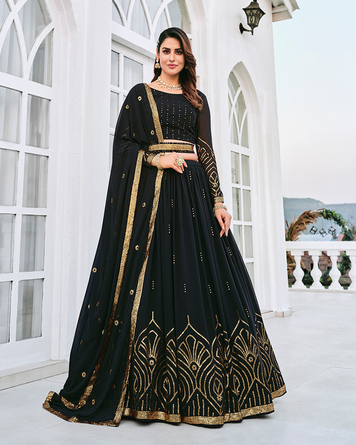 Black Color Sequence Embroidered Georgette Semi Stitched Lehenga Choli