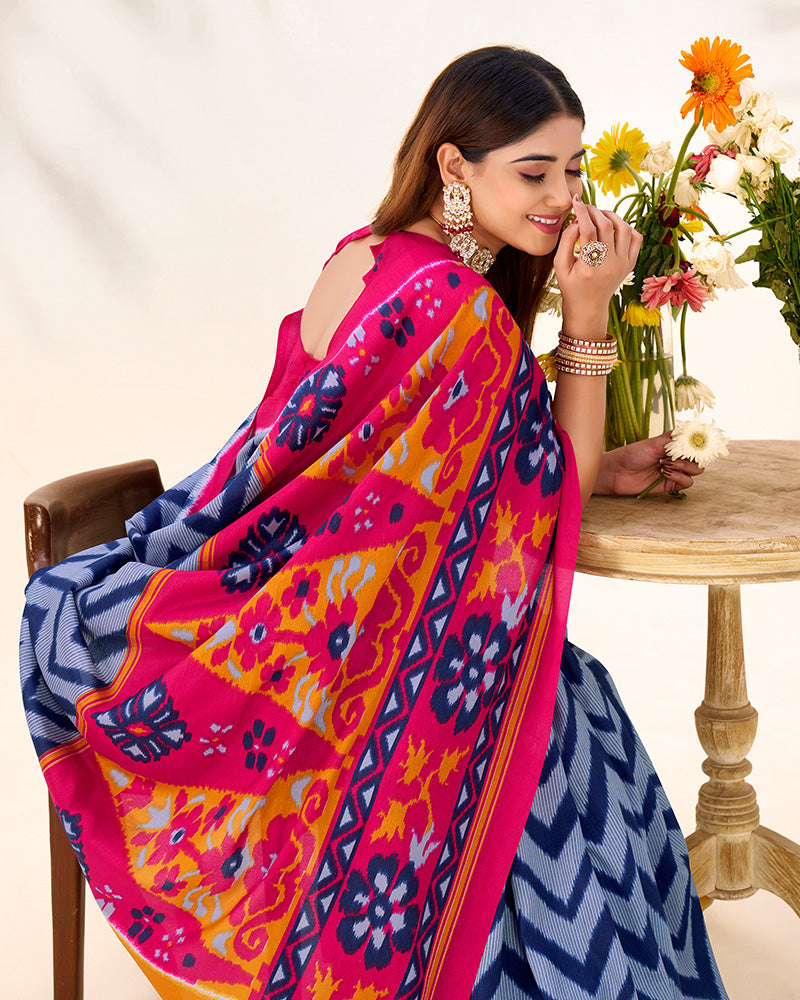 Blue Color Tasar Silk Printed Saree