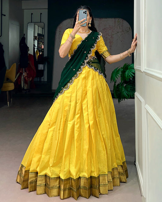 Yellow Color Cotton Silk Designer Half Saree