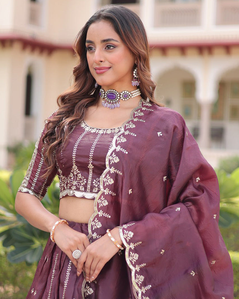Deep Plum Color Gold Crush Embroidered Lehenga Choli