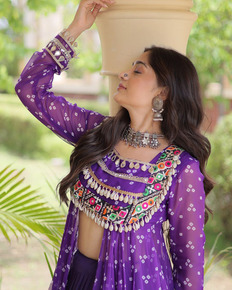 Purple Color Bandhani Printed Kurti With Kora Cotton Lehenga Choli