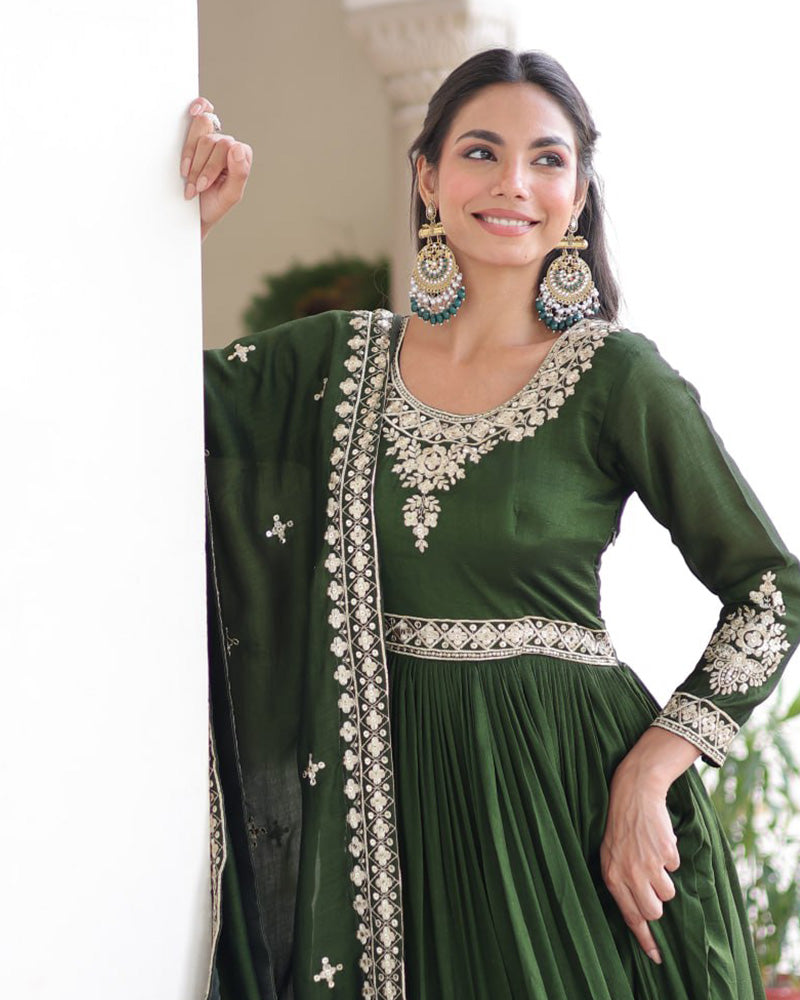 Mehndi Green Color Vichitra Silk Embroidered Gown