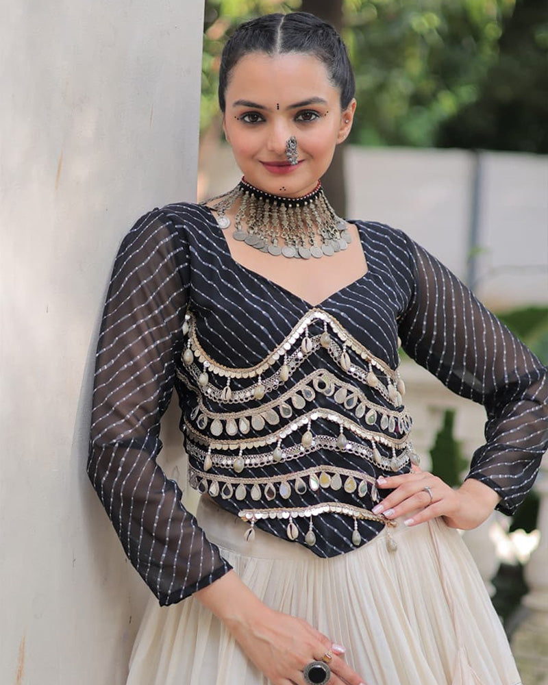 Black Color Laheriya Print Kurti With Kora Cotton Lehenga