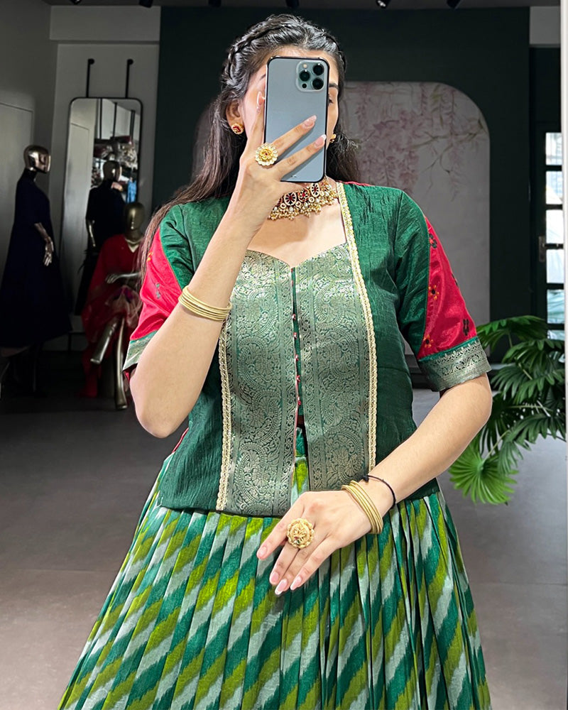 Green Color Tasar Silk Laheriya Printed Lehenga Choli