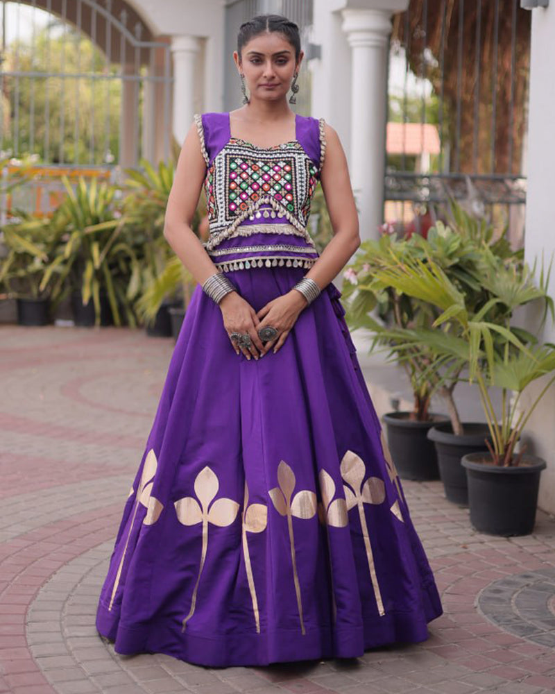 Six Color Roman Silk With Gota Patti Work Navratri Lehenga Set