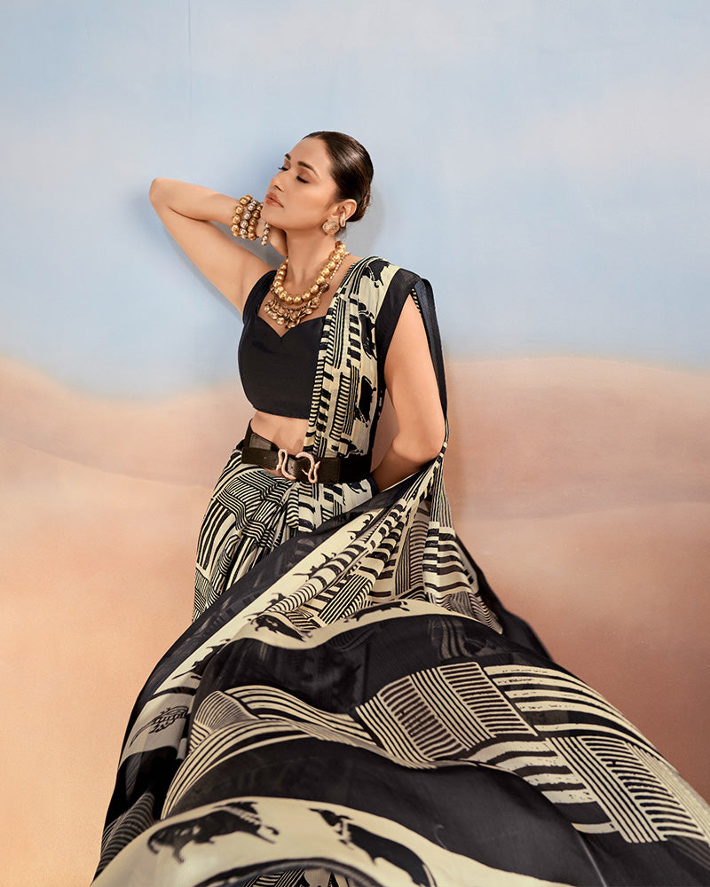 Black Color Satin Chiffon Printed Saree