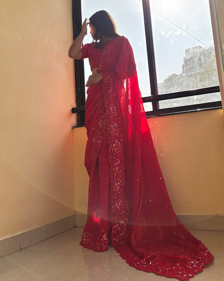 Red Color Space Silk Sequence Embroidered Saree