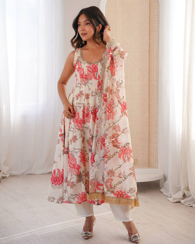 Off-White Color Pure Muslin Cotton Three Piece Anarkali Suit
